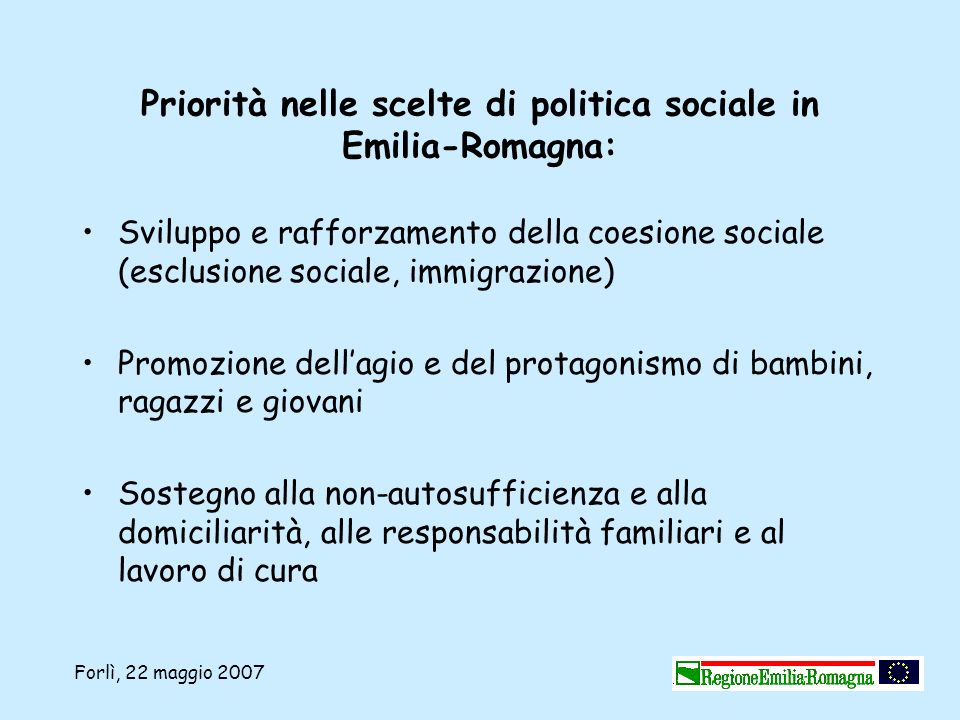 Priorità nelle scelte di politica sociale in Emilia-Romagna: