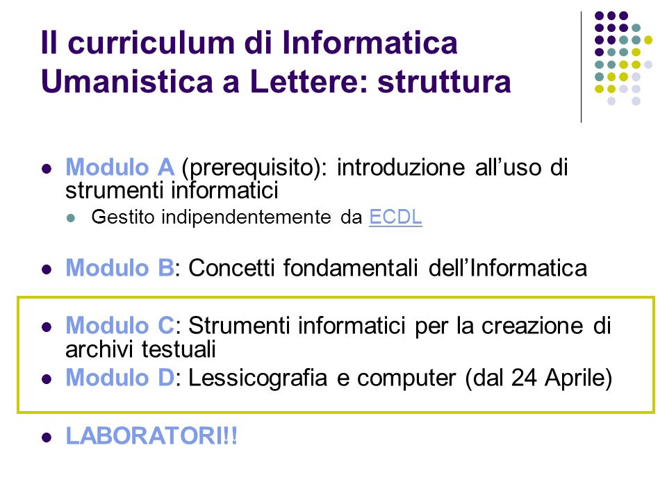 Il curriculum di Informatica Umanistica a Lettere: struttura
