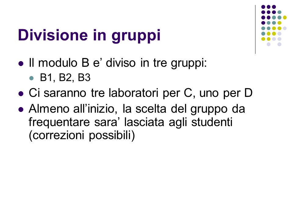 Divisione in gruppi Il modulo B e’ diviso in tre gruppi: