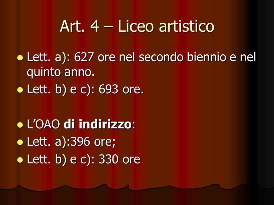Art. 4 – Liceo artistico Lett. a): 627 ore nel secondo biennio e nel quinto anno. Lett. b) e c): 693 ore.