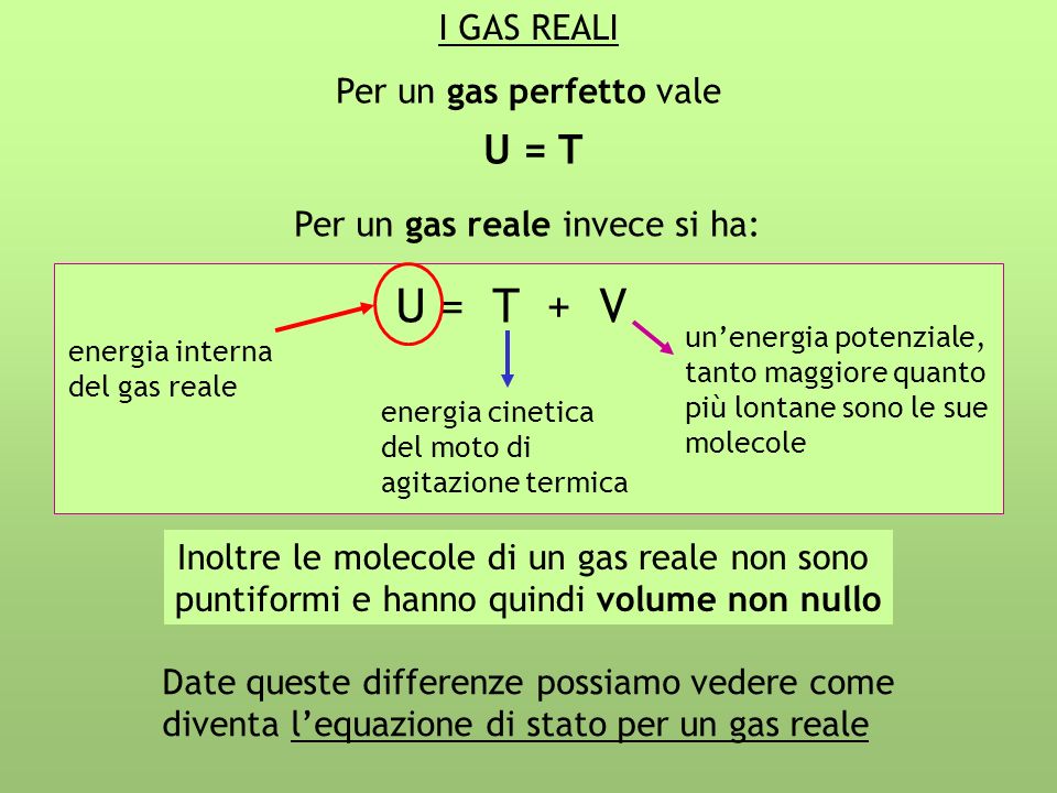 U = T + V I GAS REALI Per un gas perfetto vale U = T