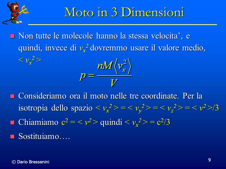 Moto in 3 Dimensioni Non tutte le molecole hanno la stessa velocita’, e quindi, invece di vx2 dovremmo usare il valore medio, < vx2 >