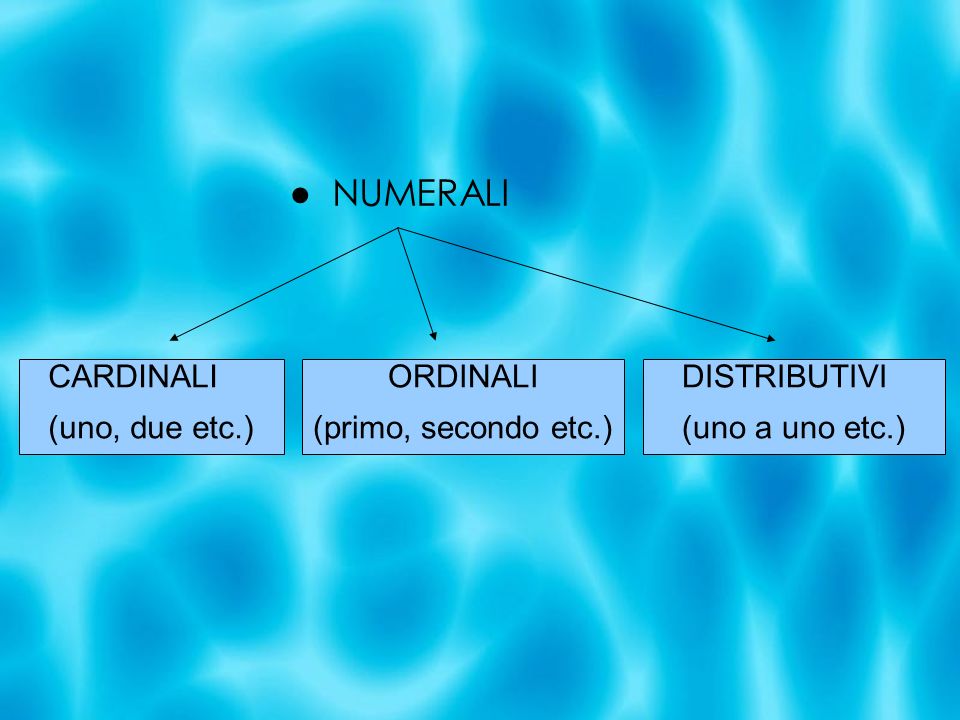 ● NUMERALI CARDINALI (uno, due etc.) ORDINALI (primo, secondo etc.)