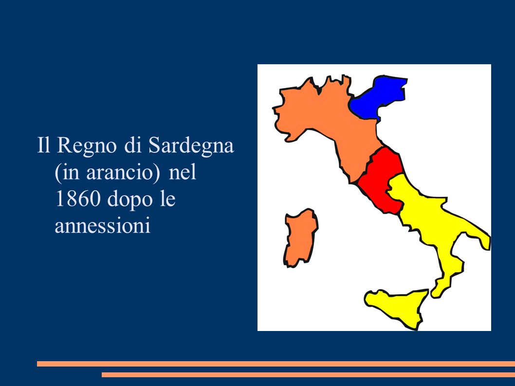 Il Regno di Sardegna (in arancio) nel 1860 dopo le annessioni