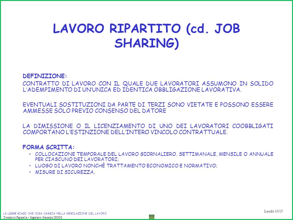 LAVORO RIPARTITO (cd. JOB SHARING)