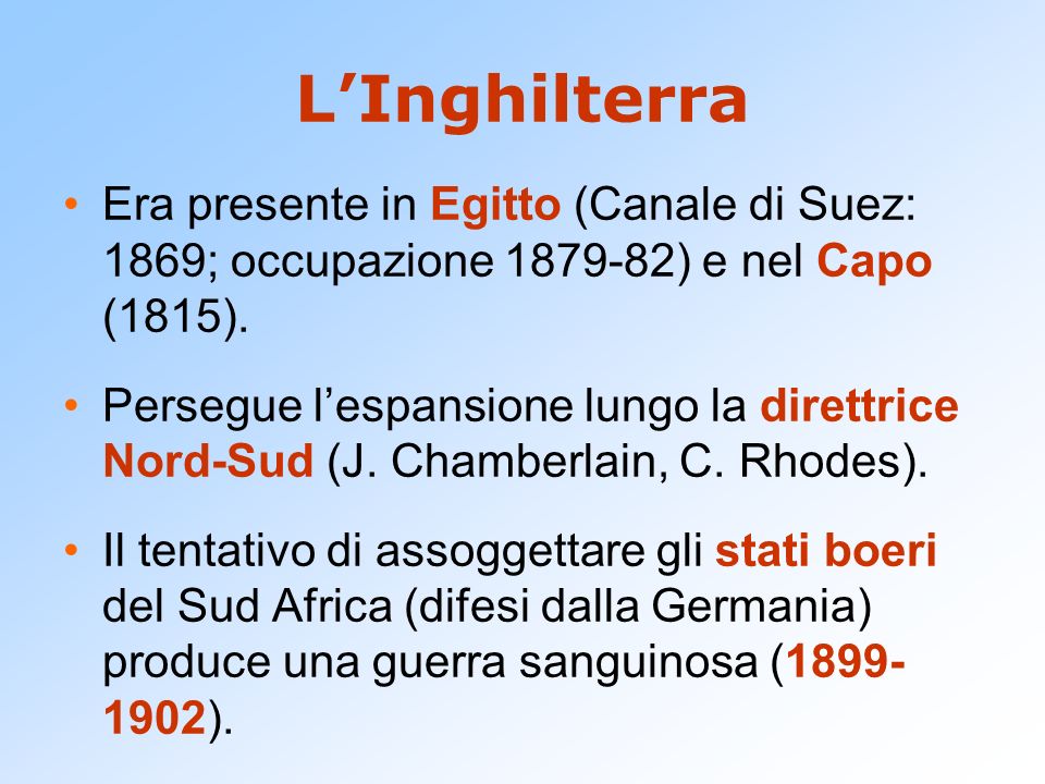 L’Inghilterra Era presente in Egitto (Canale di Suez: 1869; occupazione ) e nel Capo (1815).