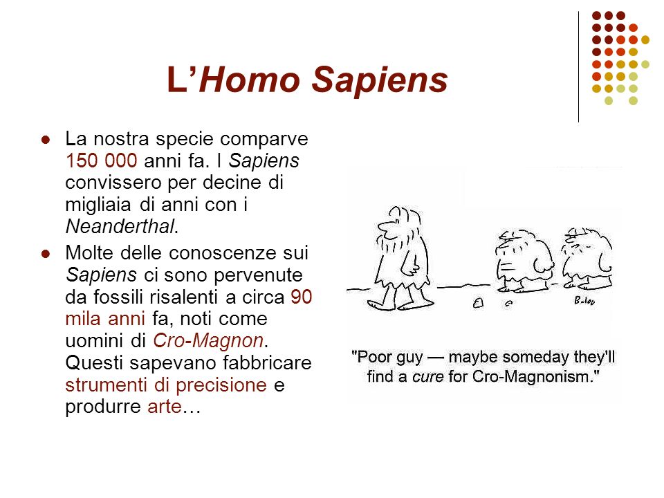 L’Homo Sapiens La nostra specie comparve anni fa. I Sapiens convissero per decine di migliaia di anni con i Neanderthal.