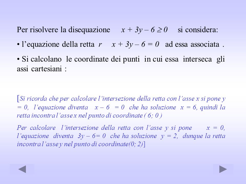Per risolvere la disequazione x + 3y – 6  0 si considera: