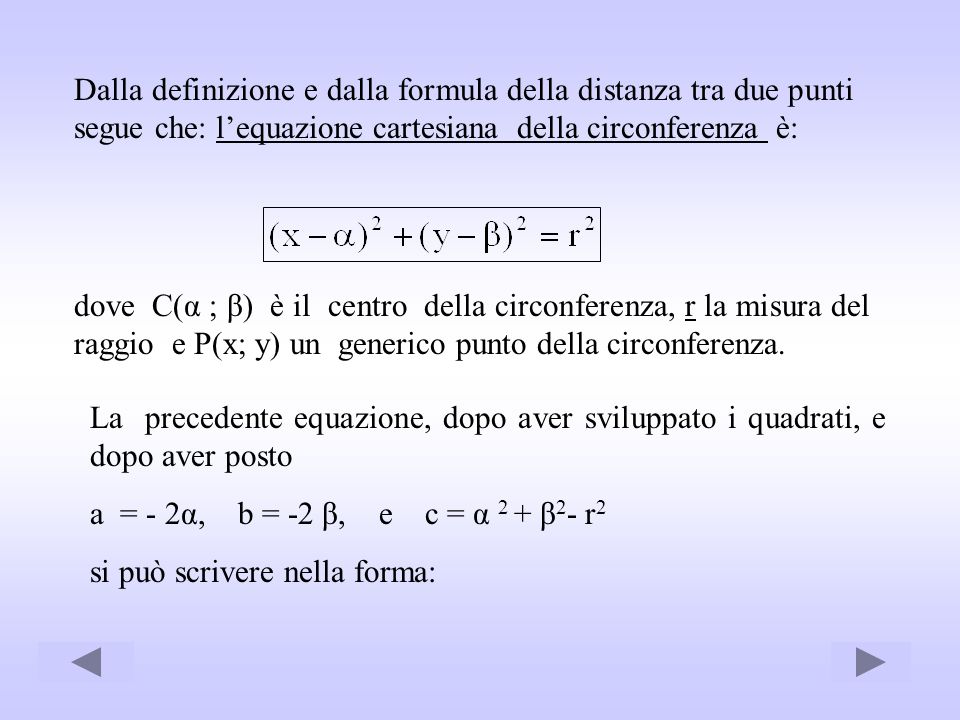Dalla definizione e dalla formula della distanza tra due punti segue che: l’equazione cartesiana della circonferenza è: