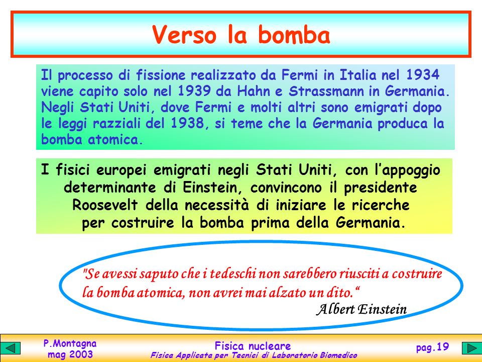 Verso la bomba Il processo di fissione realizzato da Fermi in Italia nel viene capito solo nel 1939 da Hahn e Strassmann in Germania.