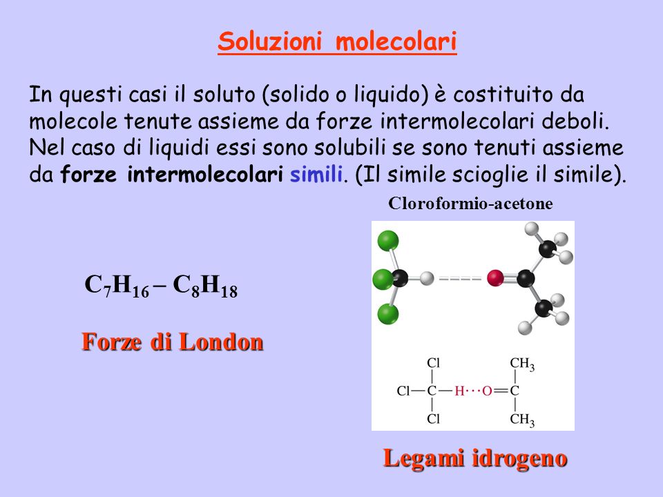 Soluzioni molecolari C7H16 – C8H18 Forze di London Legami idrogeno