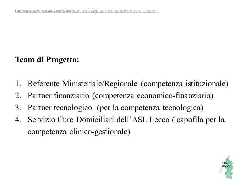 Team di Progetto: Referente Ministeriale/Regionale (competenza istituzionale) Partner finanziario (competenza economico-finanziaria)