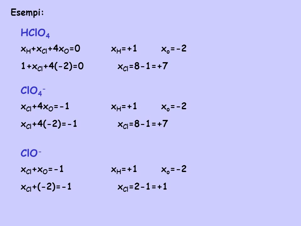 HClO4 ClO4- ClO- Esempi: xH+xCl+4xO=0 xH=+1 xo=-2 1+xCl+4(-2)=0