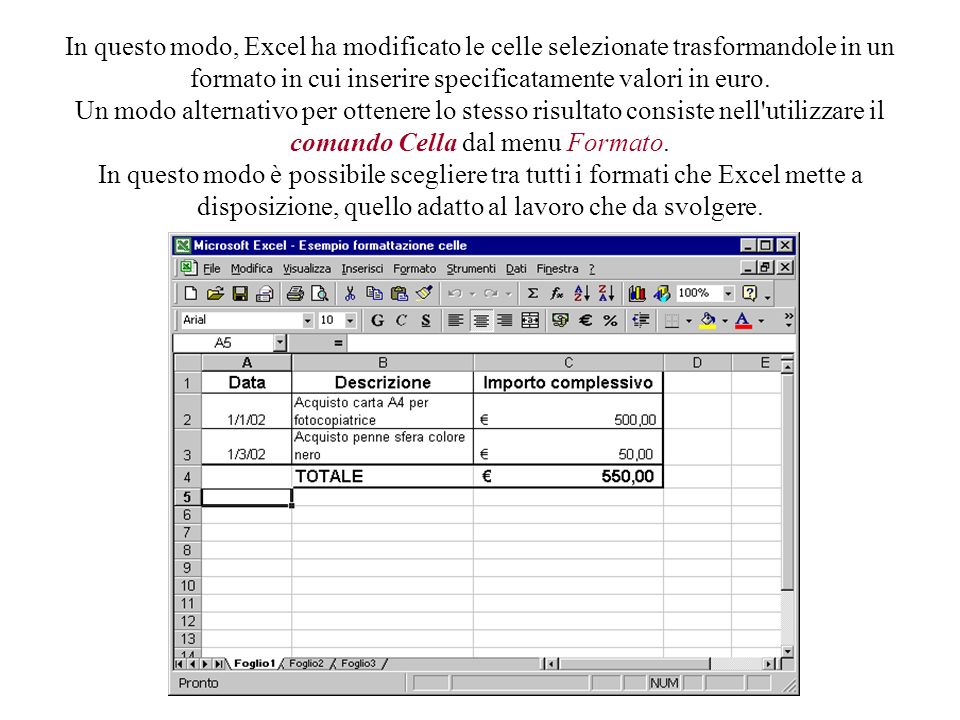 In questo modo, Excel ha modificato le celle selezionate trasformandole in un formato in cui inserire specificatamente valori in euro.
