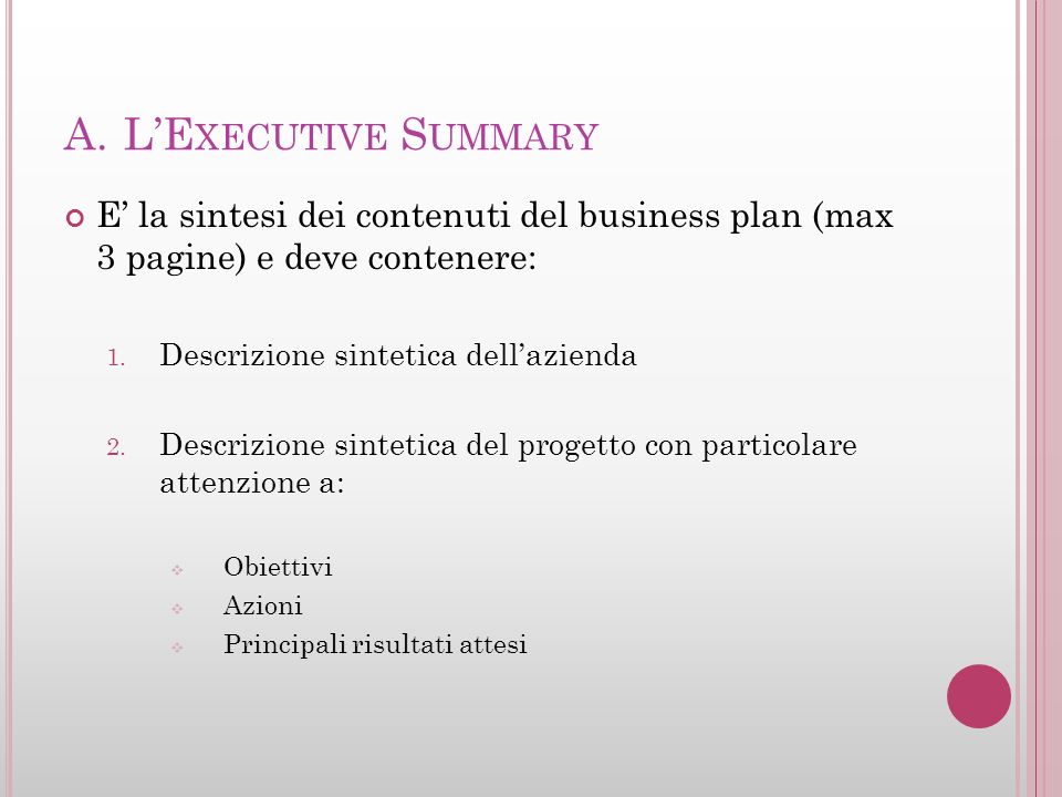 L’Executive Summary E’ la sintesi dei contenuti del business plan (max 3 pagine) e deve contenere: