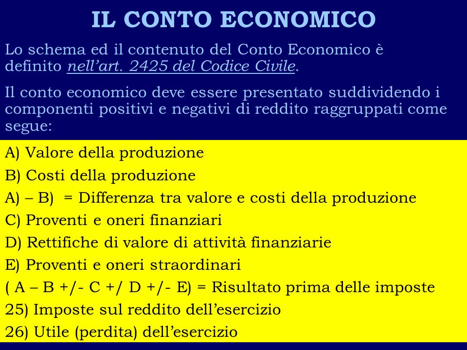 IL CONTO ECONOMICO Lo schema ed il contenuto del Conto Economico è definito nell’art del Codice Civile.