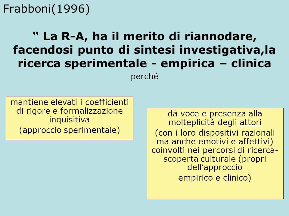 Frabboni(1996) La R-A, ha il merito di riannodare, facendosi punto di sintesi investigativa,la ricerca sperimentale - empirica – clinica.