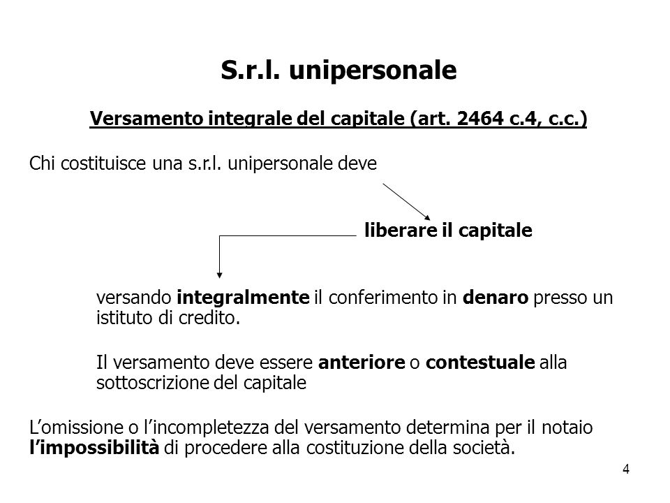 Versamento integrale del capitale (art c.4, c.c.)