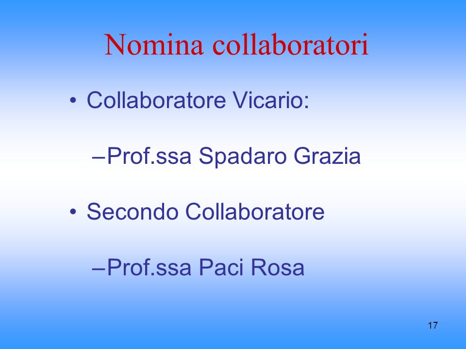 Nomina collaboratori Collaboratore Vicario: Prof.ssa Spadaro Grazia