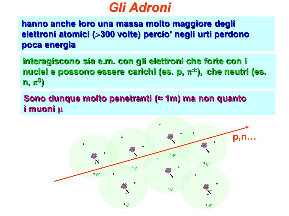 Gli Adroni hanno anche loro una massa molto maggiore degli elettroni atomici (>300 volte) percio’ negli urti perdono poca energia.
