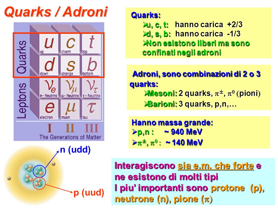 Quarks / Adroni Adroni, sono combinazioni di 2 o 3 quarks: Quarks: