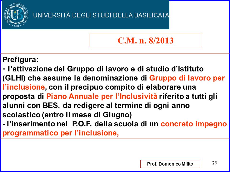 C.M. n. 8/2013 Prefigura: