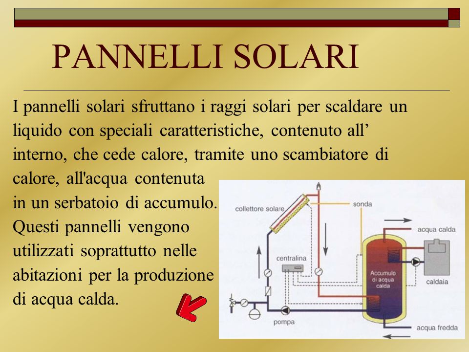 PANNELLI SOLARI I pannelli solari sfruttano i raggi solari per scaldare un. liquido con speciali caratteristiche, contenuto all’