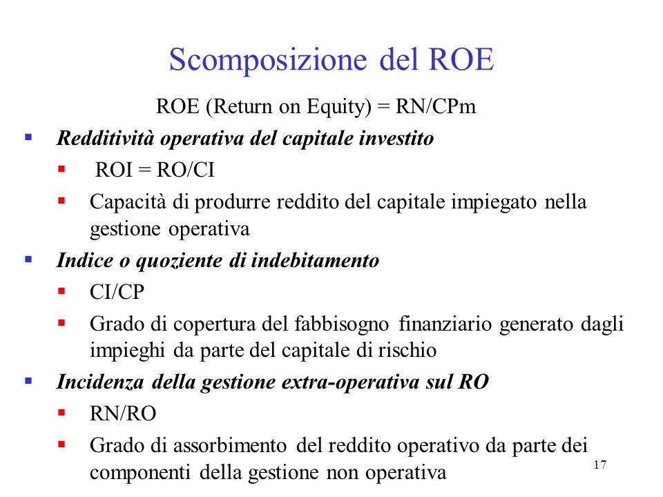 Scomposizione del ROE ROE (Return on Equity) = RN/CPm