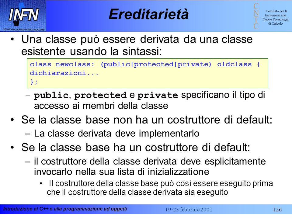 Ereditarietà Una classe può essere derivata da una classe esistente usando la sintassi: