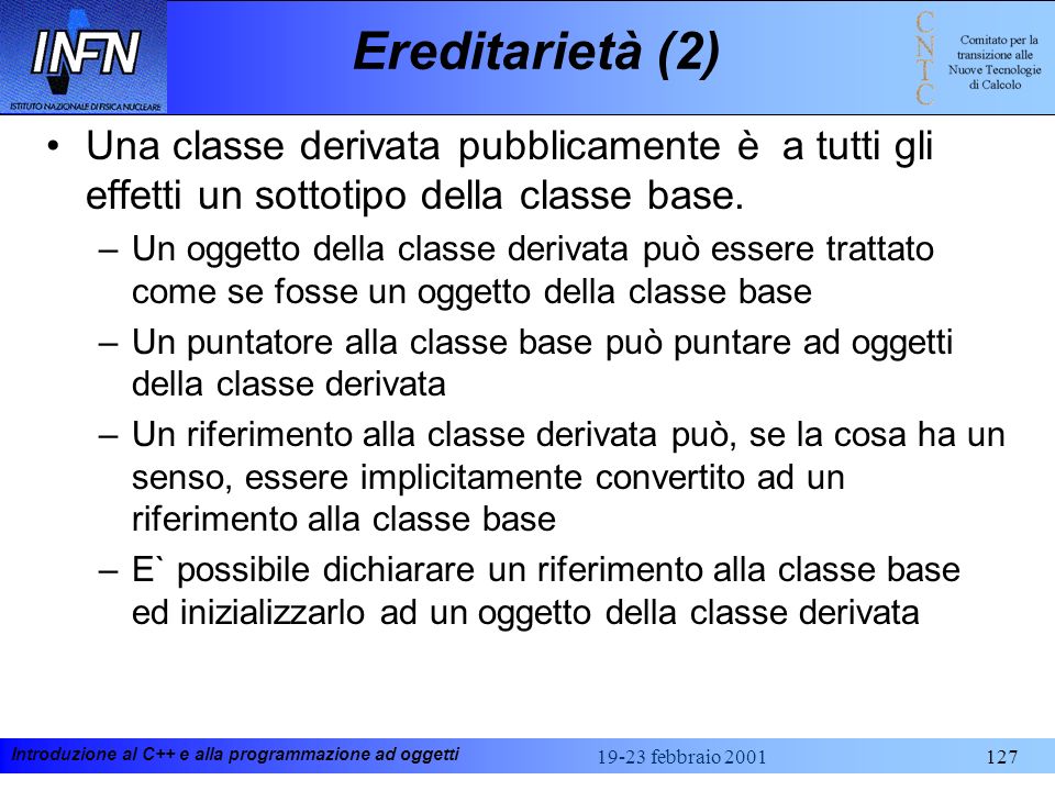 Ereditarietà (2) Una classe derivata pubblicamente è a tutti gli effetti un sottotipo della classe base.