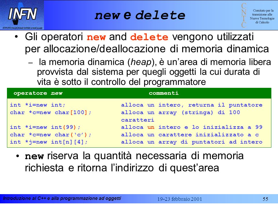 new e delete Gli operatori new and delete vengono utilizzati per allocazione/deallocazione di memoria dinamica.