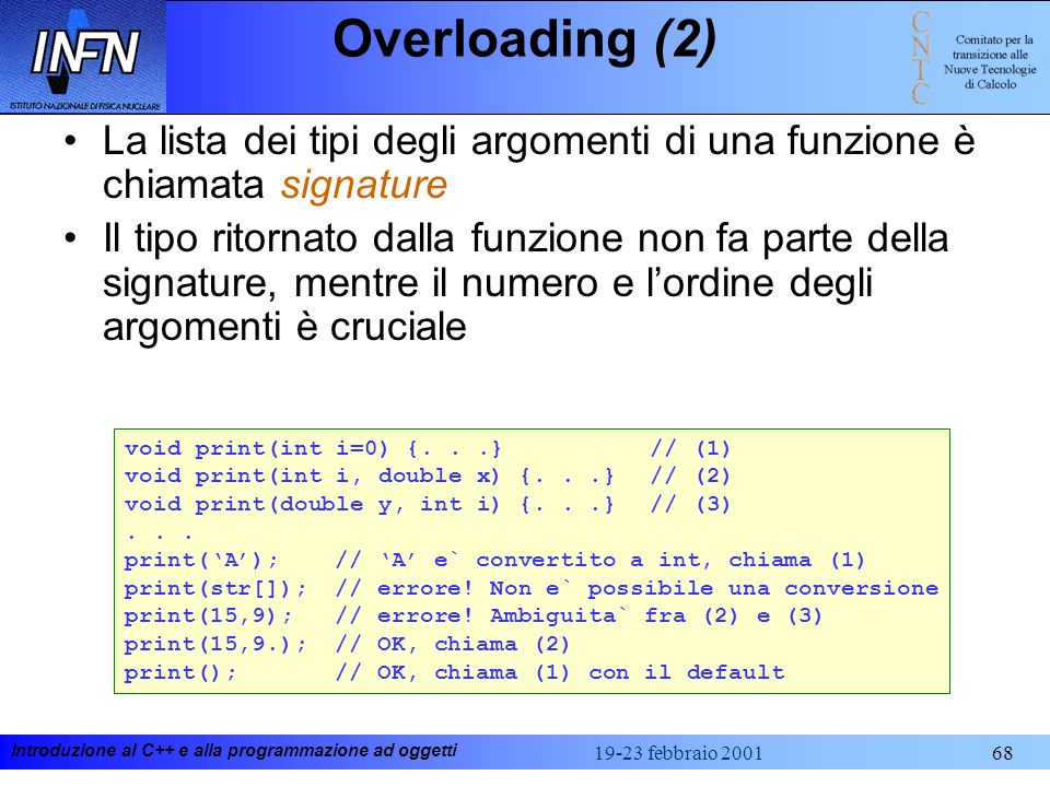 Overloading (2) La lista dei tipi degli argomenti di una funzione è chiamata signature.