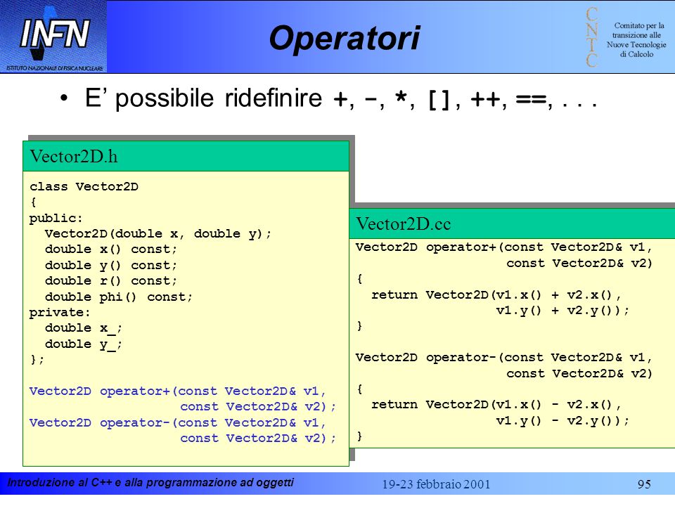Operatori E’ possibile ridefinire +, -, *, [], ++, ==, . . .