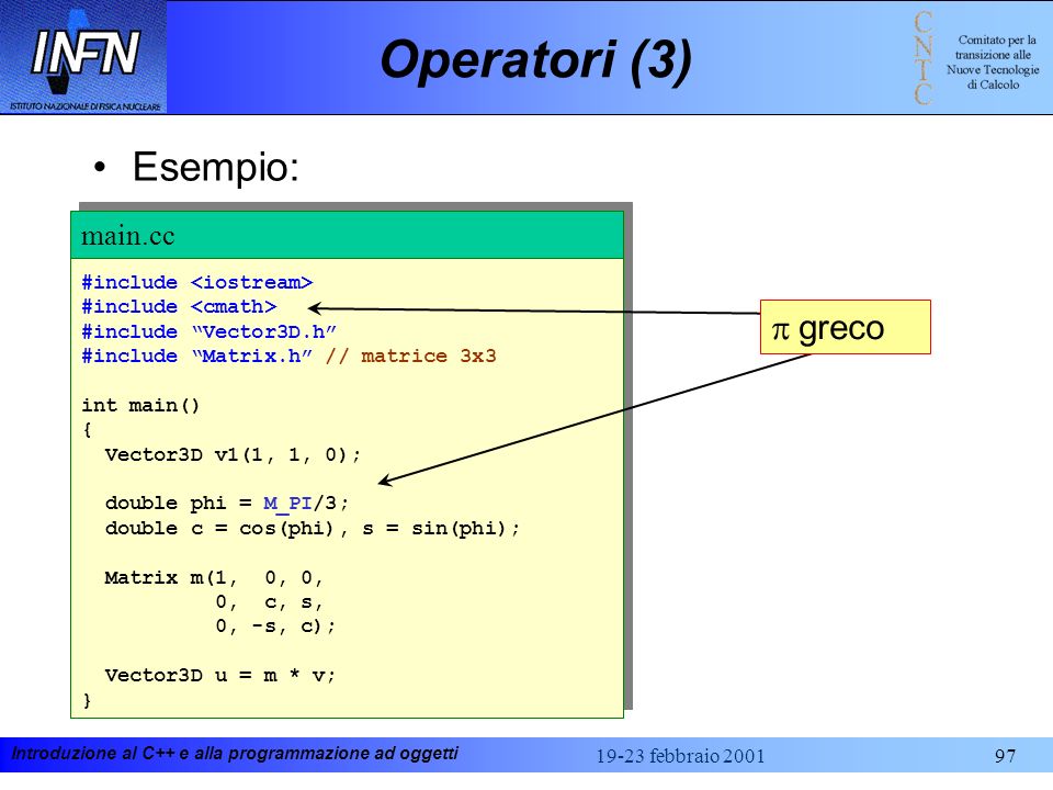 Operatori (3) Esempio: p greco main.cc #include <iostream>