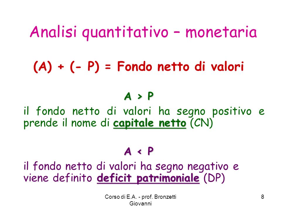 (A) + (- P) = Fondo netto di valori