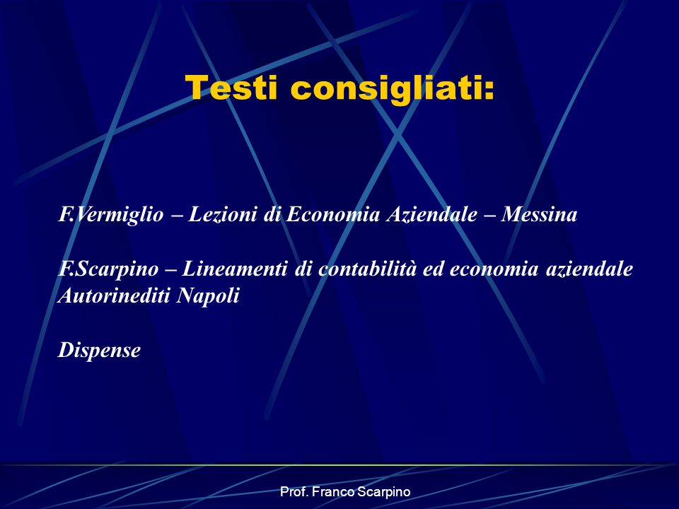 Testi consigliati: F.Vermiglio – Lezioni di Economia Aziendale – Messina.
