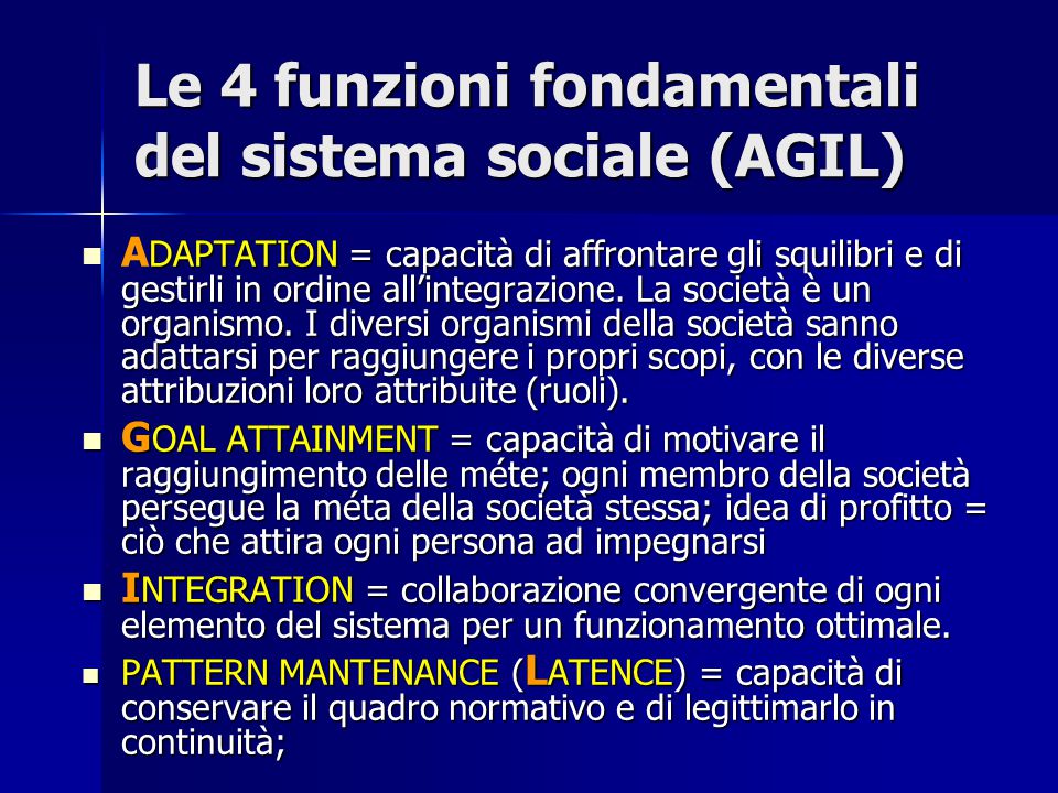 Le 4 funzioni fondamentali del sistema sociale (AGIL)