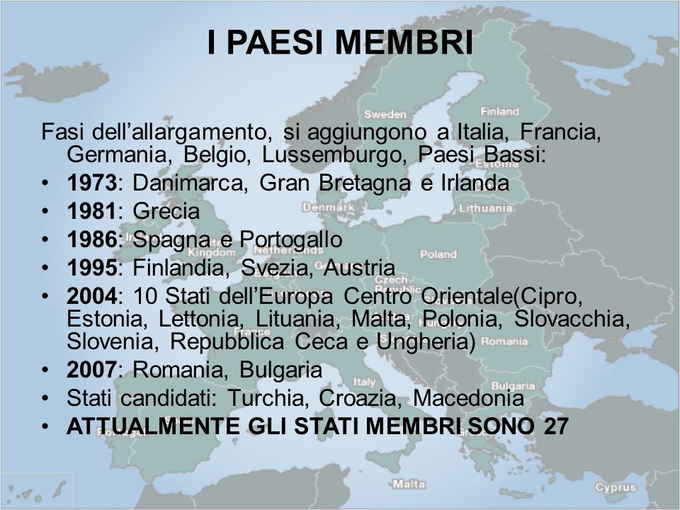 I PAESI MEMBRI Fasi dell’allargamento, si aggiungono a Italia, Francia, Germania, Belgio, Lussemburgo, Paesi Bassi: