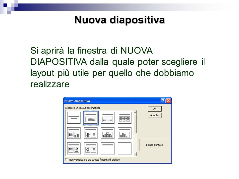 Nuova diapositiva Si aprirà la finestra di NUOVA DIAPOSITIVA dalla quale poter scegliere il layout più utile per quello che dobbiamo realizzare.