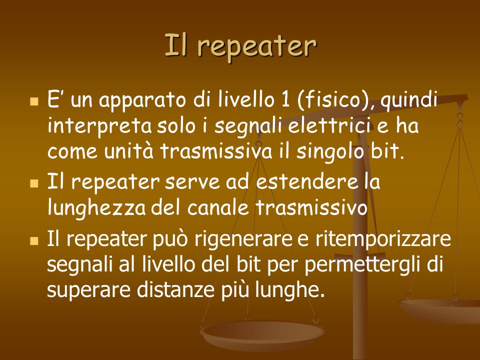 Il repeater E’ un apparato di livello 1 (fisico), quindi interpreta solo i segnali elettrici e ha come unità trasmissiva il singolo bit.
