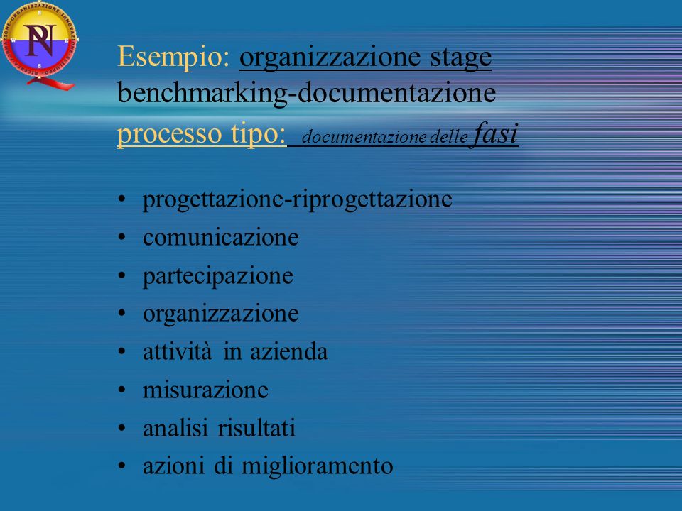Esempio: organizzazione stage benchmarking-documentazione processo tipo: documentazione delle fasi