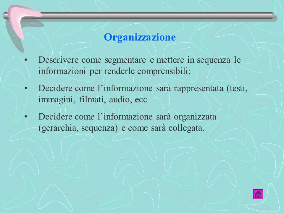 Organizzazione Descrivere come segmentare e mettere in sequenza le informazioni per renderle comprensibili;