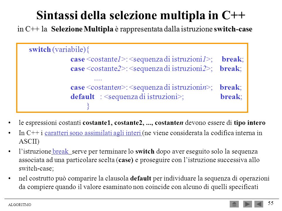 Sintassi della selezione multipla in C++