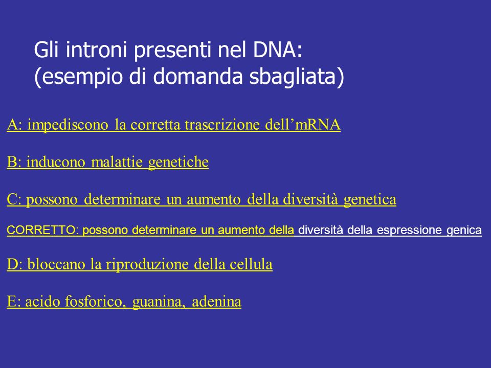 Gli introni presenti nel DNA: (esempio di domanda sbagliata)