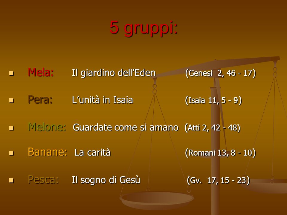 5 gruppi: Mela: Il giardino dell’Eden (Genesi 2, )