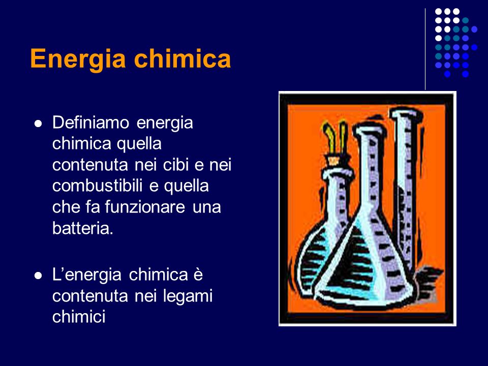 Energia chimica Definiamo energia chimica quella contenuta nei cibi e nei combustibili e quella che fa funzionare una batteria.