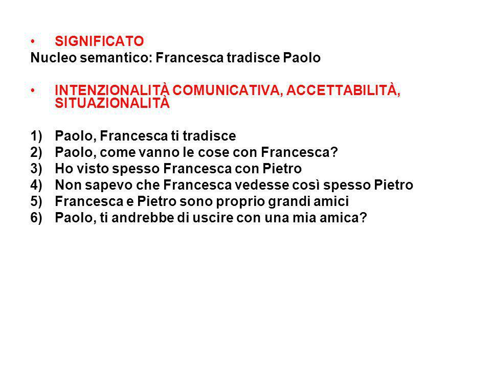 SIGNIFICATO Nucleo semantico: Francesca tradisce Paolo. INTENZIONALITÀ COMUNICATIVA, ACCETTABILITÀ, SITUAZIONALITÀ.