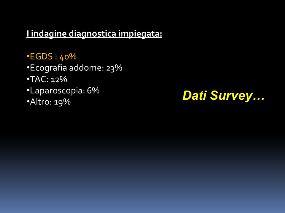 Dati Survey… I indagine diagnostica impiegata: EGDS : 40%