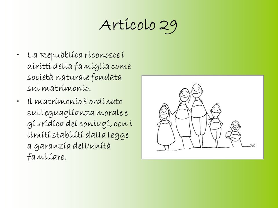 Articolo 29 La Repubblica riconosce i diritti della famiglia come società naturale fondata sul matrimonio.