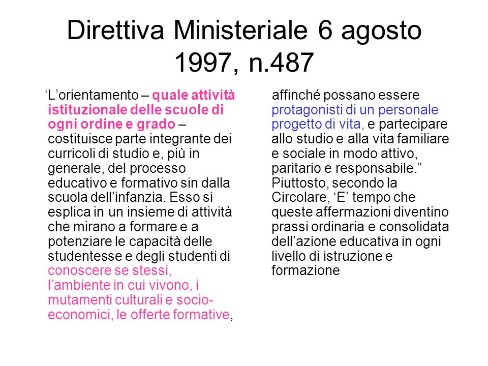 Direttiva Ministeriale 6 agosto 1997, n.487